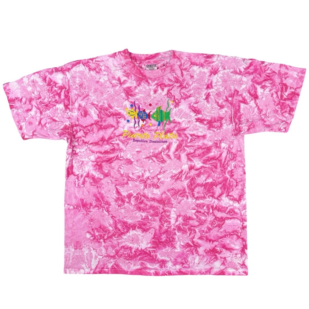 Vintage Oneita Tie Dye Fish T Shirt XL Puerto Plata Dominican Republic Pink